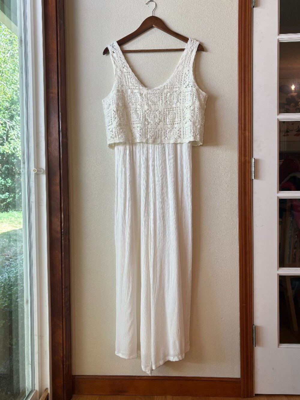 White Straight Leg Jumpsuit Granny Square Crochet Bodice Crinkled Pants Boho L